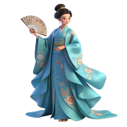 扇子を持つ青い着物姿のエレガントな日本人女性