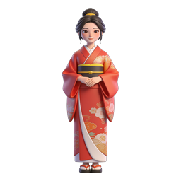 赤い着物姿の日本人女性 - 3Dキャラクターアイコン