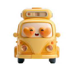 Süßes Kawaii-Schulbus-3D-Icon mit Herzaugen