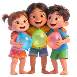 Happy Kids With Colorful Water Balloons 3D Icon
