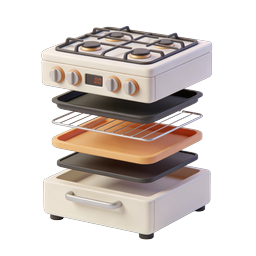 Icona 3D vista esplosa di cucina e forno moderni