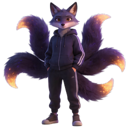 Mystical Kitsune Fox Character with Glowing Tails in Tracksuit