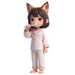 Cute Kitsune Girl Brushing Teeth - Japanese Anime Icon