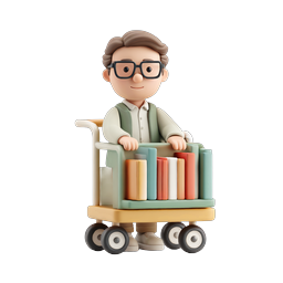 Librarian with Book Cart 3D Icon | Library Character