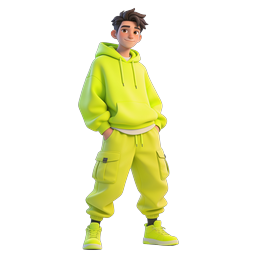ライムグリーンのトラックスーツを着たティーンボーイの3Dキャラクターアイコン