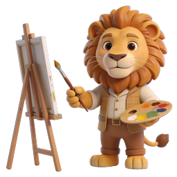 Süßes 3D-Löwen-Künstler-Icon mit Staffelei & Palette