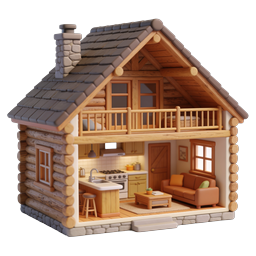 Charming 3D Log Cabin House Icon with Interior View