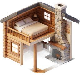Ícone 3D isométrico de interior de cabana de toras rústica