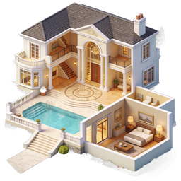 Luxury Mansion Isometric 3D Icon with Pool and Interior