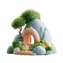 Magical Clay Cave Mountain with Lush Tree 3D Icon