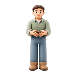 Biểu tượng nhân vật nam 3D thân thiện đang cầm hạt cà phê