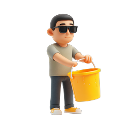 黄色いバケツを持つ3D男性 - カートゥーンキャラクターアイコン