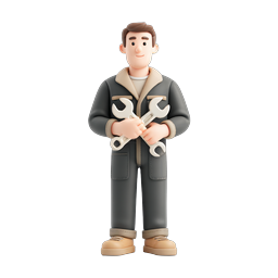 Ícone 3D de personagem mecânico com chaves inglesas cruzadas
