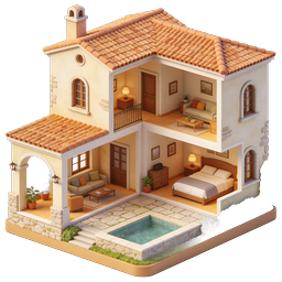 Mediterranean Villa 3D Cutaway House Diorama Icon