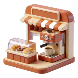 Ícone 3D de cafeteria em miniatura com espresso e padaria