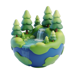 Icono 3D clay de mundo natural en miniatura con árboles y cascada