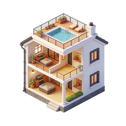 Modern Isometric House Icon with Rooftop Pool
