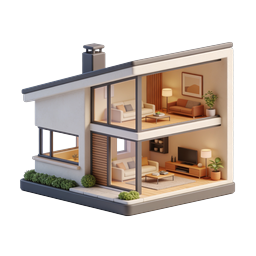 Modern 3D House Icon with Interior Cutaway View