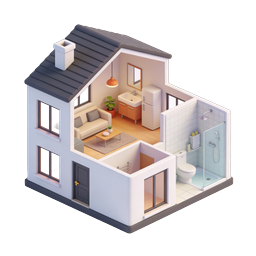 Modern 3D Isometric House Icon with Interior Cutaway
