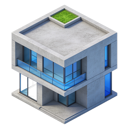 Modern House 3D Icon with Green Roof & Glass Facade
