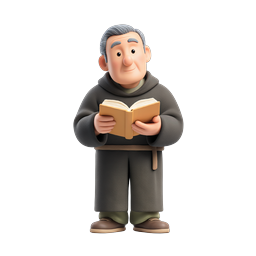 3D-Charakter-Icon im Clay-Stil: Mönch liest Buch