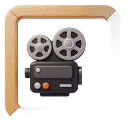3D Movie Camera Icon with Film Reels and Wooden Frame