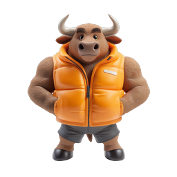 Muscular Cartoon Bull Character in Orange Puffer Vest