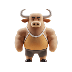 Muscular Bull Cartoon 3D Icon - Strong Mascot Character