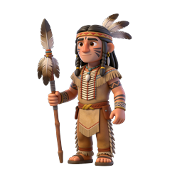 Native Warrior 3D Character Icon with Feathered Staff