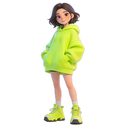 Neon Green Hoodie 3D Character Icon - Stylish Anime Girl