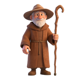 Icono de personaje de monje peregrino anciano y amable - Render 3D