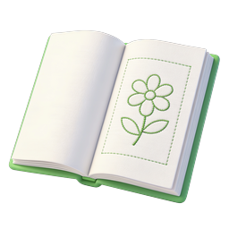 Offenes Buch mit grün gestickter Blume Icon