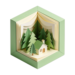 Diorama de livro em papel artesanal com cena de cabana na floresta