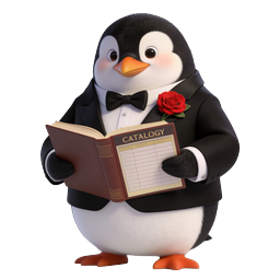 Dapper Penguin Bibliothekar beim Lesen des Katalogbuchs Icon