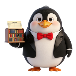 Süßes Pinguin-Bibliothekar-Icon mit Bücherregal | 3D Cartoon