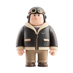 Ícone de personagem piloto 3D fofo com biplano vintage