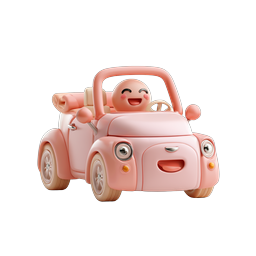 Adorable Pink Toy Car with Happy Driver Icon - 3D Clay Style