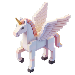 Ícone de unicórnio pixel 3D com asas - Fantasia em arte voxel