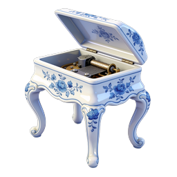 Ornate Porcelain Music Box 3D Icon with Blue Floral Design