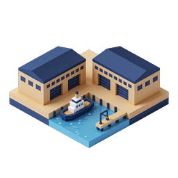 Isometric Port Harbor with Warehouses and Ships Icon
