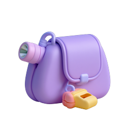 Ícone 3D de mochila roxa com lanterna
