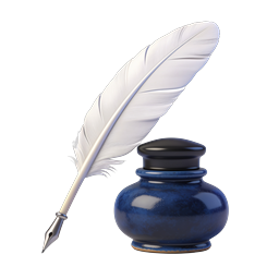 Classic Quill Pen and Blue Inkwell Icon - 3D Realistic