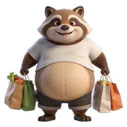 Cute 3D Raccoon Shopping Icon with Fresh Groceries