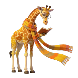 Personnage de dessin animé girafe lisant avec lunettes et écharpe