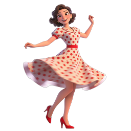 Retro Dancing Woman in Polka Dot Dress - 3D Icon