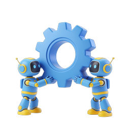 Cute Robots Pushing Gear - 3D Technology Icon