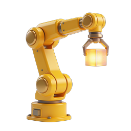 3D Yellow Robotic Arm Icon with Glowing Cube | Automation
