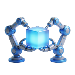 Robotic Arms Holding Blue Cube Icon | AI & Automation
