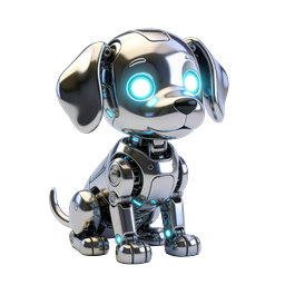 Futuristic Chrome Robotic Dog Icon with Blue LED Eyes
