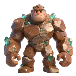 Icône de personnage golem de pierre 3D avec cristaux verts
